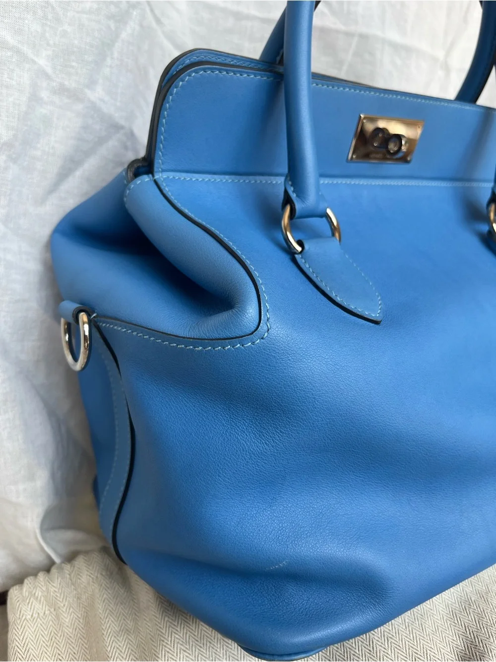 Authentic Hermès Toolbox 26 Blue Swift Leather Palladium Hardware Shoulder Bag